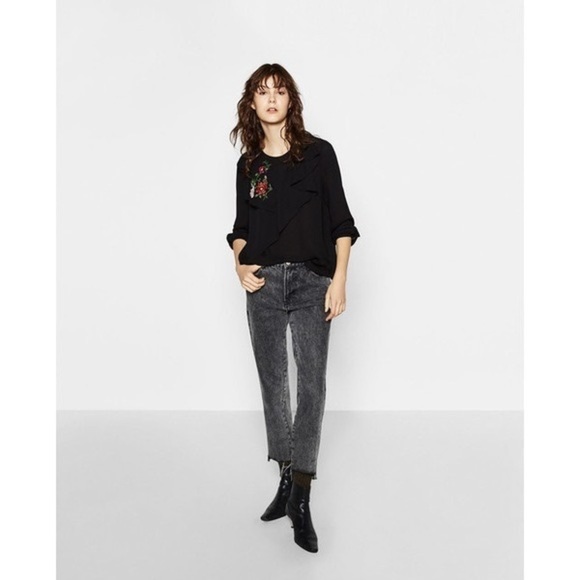 Zara Black Floral Embroidered Asymmetrical Ruffle Boho Blouse Size XS - Picture 2 of 16